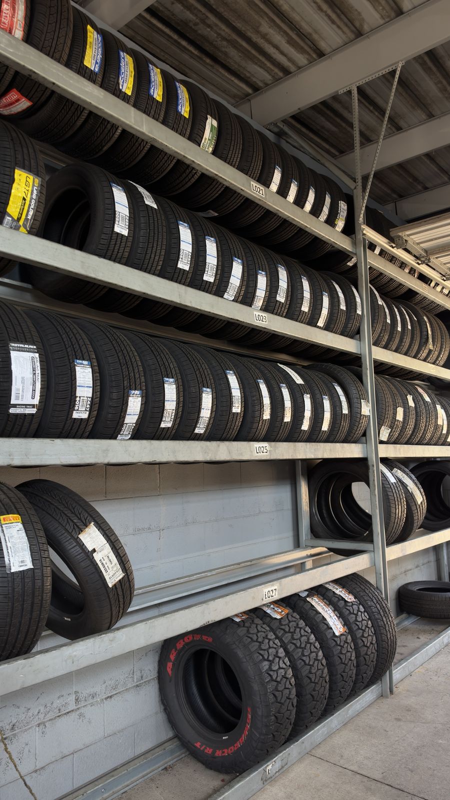 New tires on the rack at Morton Tire and Wheels in Katy, TX
